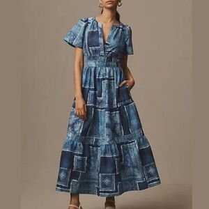NWT Anthropologie The Somerset Maxi Dress in the Blue Jean Western motif size MP